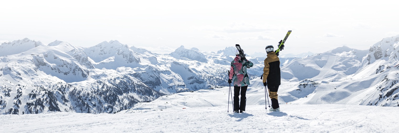 2 Skifahrer blicken auf Gipfel in die Ferne